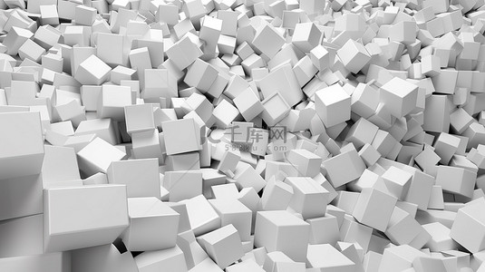 在混乱的 3d 渲染墙背景中的抽象白色立方体