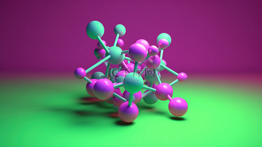 紫色背景下绿色和粉色色调的 3D 渲染分子模型