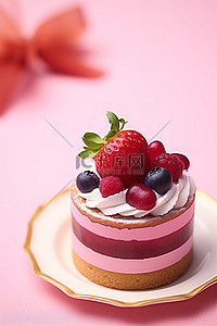 粉红色背景上有水果的小蛋糕
