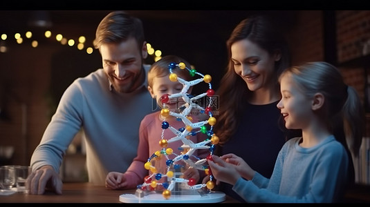 家长学校海报背景图片_一个幸福的家庭聚集在一个大型 3D DNA 模型周围，在学习期间饶有兴趣和兴奋地检查它