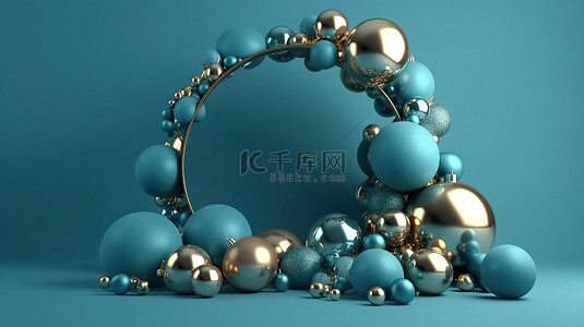 简约的圣诞节和新年概念蓝色背景与 3d 渲染框架内的小球横幅的 3d 渲染