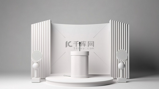会议背景舞台背景图片_三角白色讲台，三脚架专业渲染上配有 3D 扬声器和麦克风
