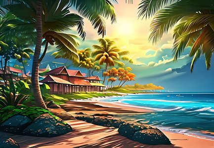 海滩椰子树度假村落日风景