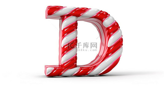 圣诞字母背景图片_薄荷糖手杖字母 d 是圣诞节条纹红色字母集合的一部分，在 3D 渲染的白色背景上
