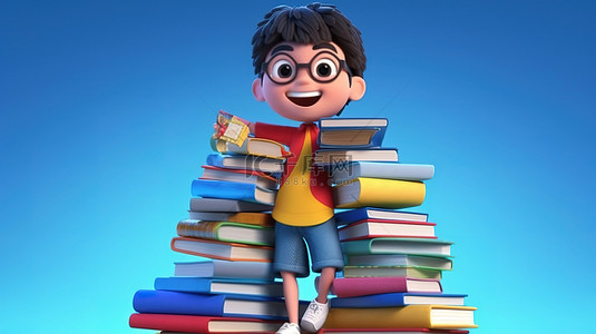 书和孩子背景图片_色彩缤纷的书籍和滑稽的 3d 亚洲青少年