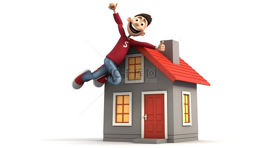 搞笑 3D 亚洲青少年带着灰色房子图标跳跃