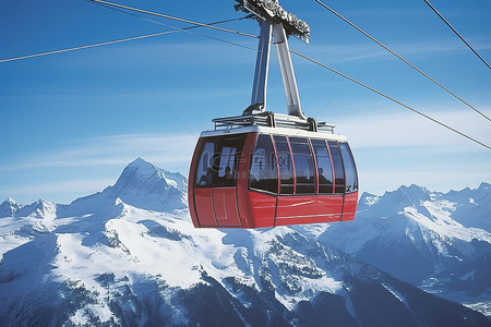 缆车背景图片_一辆红色缆车高举在白雪覆盖的山上