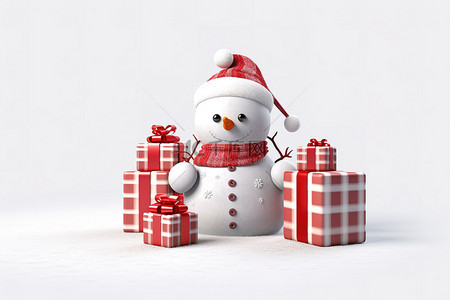 一个戴着圣诞帽的滑稽雪人在背景上拿着礼物