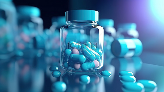 蓝色背景下的医疗级药品制造 3D 渲染医学
