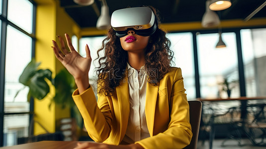 穿着别致服装的职业女性在工作场所体验 3D 虚拟现实