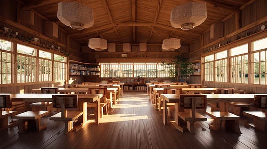 木制传统日本学校教室内部的 3D 渲染