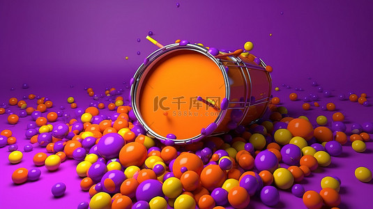 充满活力的紫色背景，带有 3D 渲染的橙色鼓和彩色球