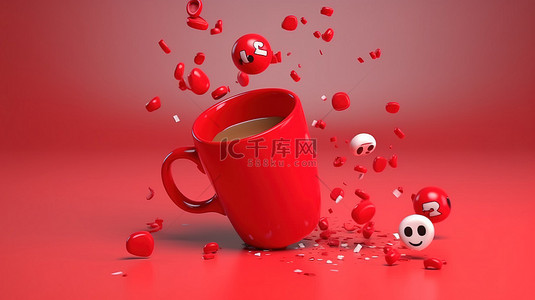 红色徽背景图片_带有 pinterest 徽标的红色杯子，周围环绕着表情符号效果图和两个红色别针