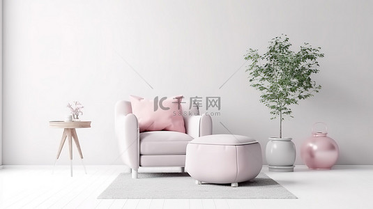 连体坐垫背景图片_极简主义斯堪的纳维亚内饰的 3D 渲染，配有扶手椅粉色坐垫咖啡桌和空白墙
