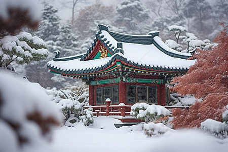 冬天古建筑背景图片_雪中​​的清溪川宝塔