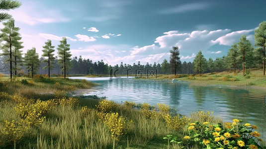 令人惊叹的 3D 渲染，风景如画的湖畔景观，有高耸的树木绿树和黄色的草