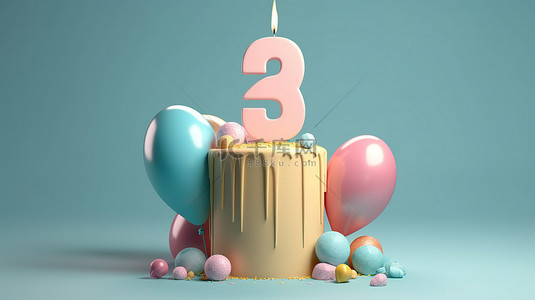 柔和的生日蛋​​糕与 9 号蜡烛和蓝色背景 3d 渲染图像上的复制空间