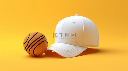 黄色背景，带有篮球球和白色时尚棒球帽的 3D 渲染
