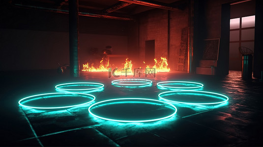 混凝土地板上 3D 渲染的圆形未来派霓虹灯和烟雾