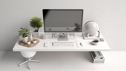 现代办公工作区，在时尚的白色办公桌 3D 渲染上配备台式电脑模型
