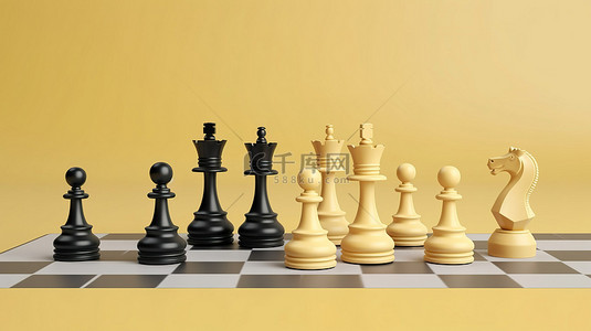 国际象棋游戏在孤立的淡黄色背景下的逼真 3D 渲染