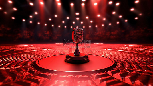站立的麦克风背景图片_突出显示红色舞台的麦克风的 3D 渲染