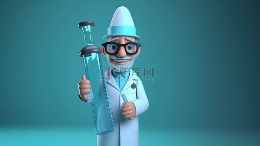 疫苗注射背景图片_卡通医生与大注射器和透明液体玻璃瓶在 3D 渲染