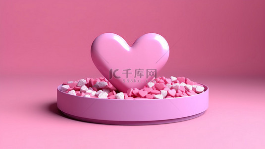 3D 渲染中带有心形糖果色口音的粉红色讲台