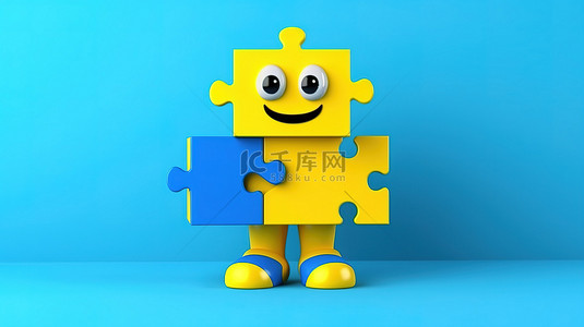 黄色背景，人物吉祥物的 3D 渲染拿着一本蓝色的书并解决四个彩色拼图