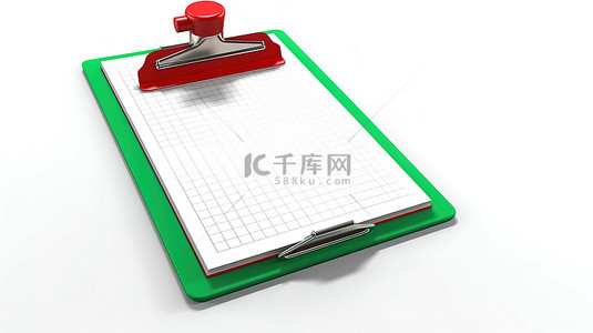 3D 渲染的红色剪贴板，带有空白纸和白色背景上的绿色复选标记