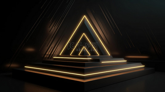 金色霓虹灯照耀在 3D 呈现的黑色几何讲台上