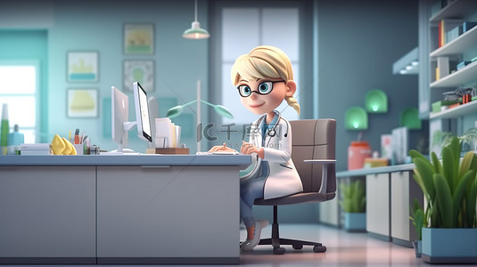 临床医疗背景图片_一位女医生在临床医院环境中使用笔记本电脑说明人物 3D 可视化