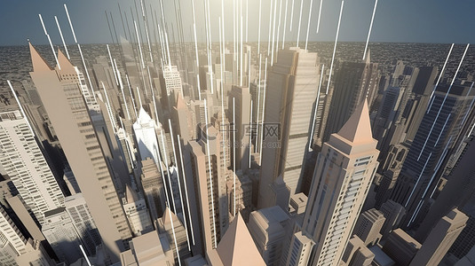垂直箭头在 3D 渲染的金融景观中的城市摩天大楼中升起
