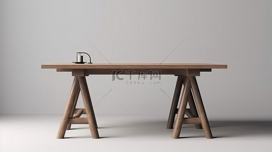 橡背景图片_浅灰色工作室背景上隔离的深棕色腿的橡木桌的 3D 渲染