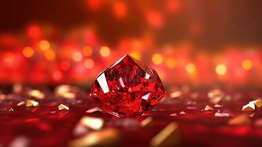 黑色宝石背景背景图片_生动抽象散景背景下红色钻石的 3D 渲染