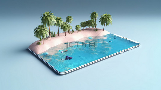 等距海滩场景与智能手机和棕榈树令人惊叹的 3D 插图