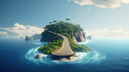 一条宁静的浮动道路的 3D 渲染，带有热带岛屿瀑布和海洋