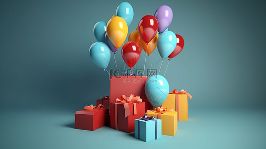 新年包装盒背景图片_节日气球和礼品盒的插图 3D 渲染