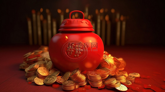 3D 渲染灯笼和金币锭用于中国新年销售