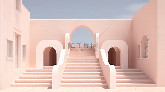 时尚的建筑，以简约风格的楼梯拱门和房屋为特色 3D 渲染