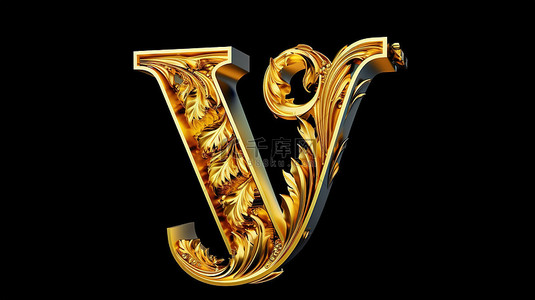 手写字母 y 的金色脚本 3D 渲染