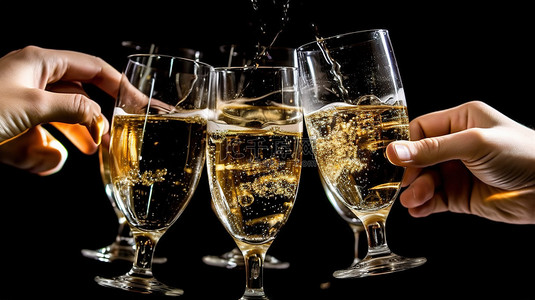 3D 合成图像，其中朋友举起香槟杯祝酒