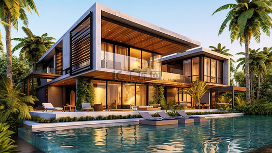 时尚的热带住宅是一个以 3D 形式展示的现代建筑概念
