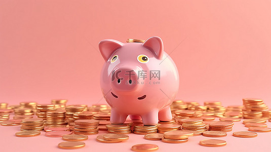 投资房地产背景图片_粉红色背景上装满金币的存钱罐的 3D 渲染，非常适合广告销售投资房地产和银行业务