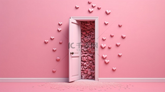 光滑的粉红色入口和在 3D 渲染的粉红色调世界中漂浮的心
