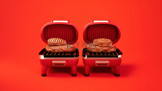 火红烧烤架上的两块多汁牛排 3D 插图和渲染