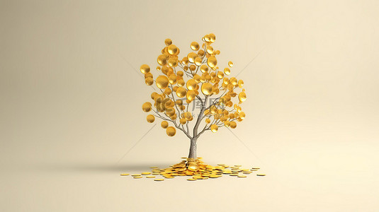 插图 3D 渲染一棵极简主义树，以开花的硬币作为投资