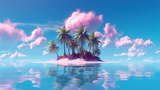 早晨沙滩背景图片_田园诗般的岛屿度假胜地宁静的白色沙滩郁郁葱葱的棕榈树和蓝天与玫瑰色云彩的 3D 渲染
