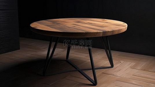 带黑色金属腿的矮桌和 3D 渲染的圆形木制阁楼顶