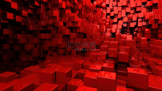 资产混乱背景图片_令人惊叹的 3D 渲染中混乱的红色立方体墙